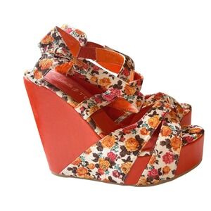 Kiss & Tell Womens Floral Print Platform Wedge Sandals Orange Multi Size 10